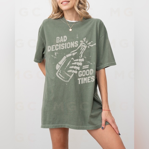 Comfort Colors Bad Decisions Good Times Distressed Graphic Tee Shirt - Picture 3 of 10